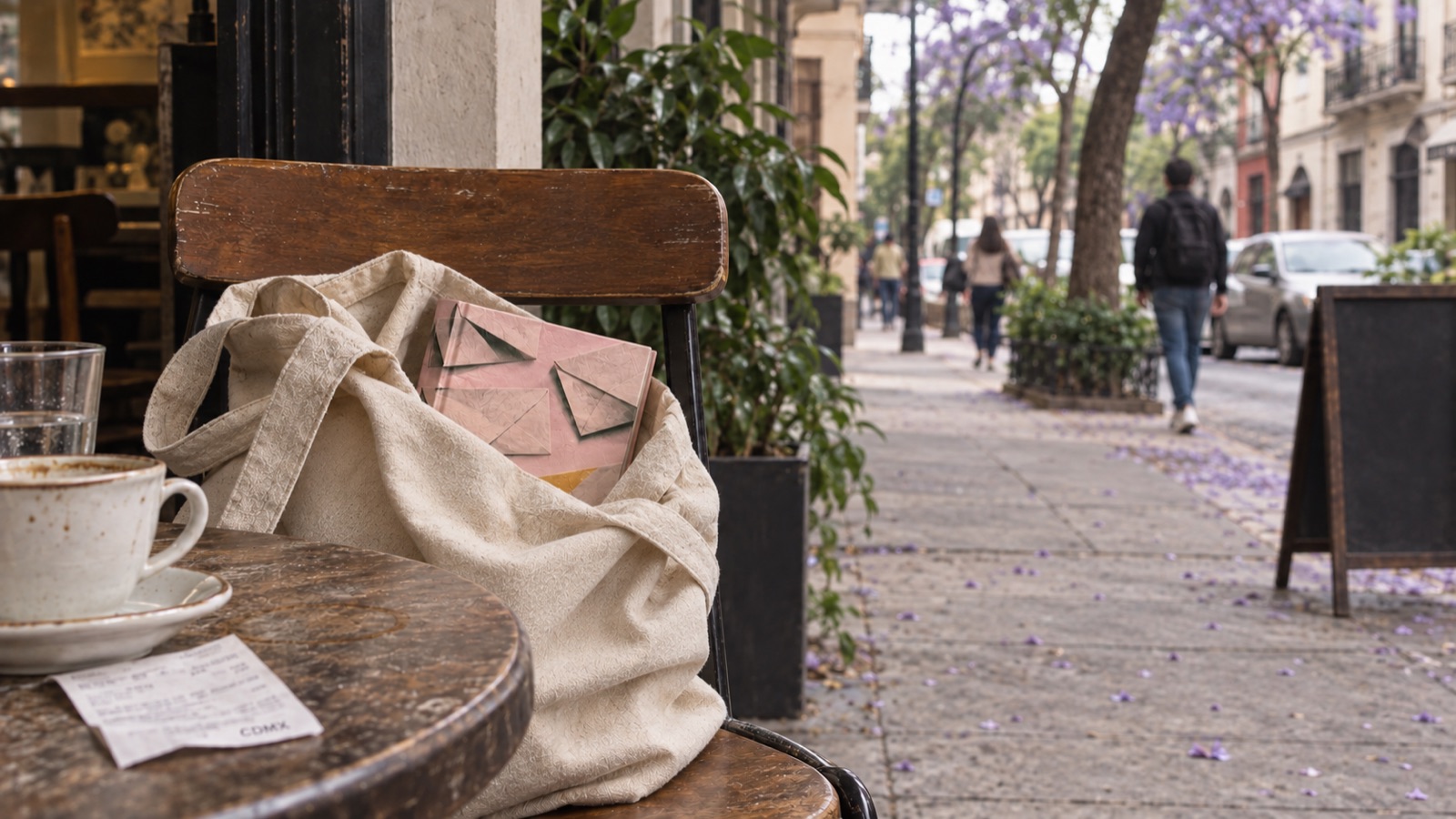 A book partly tucked into a canvas bag at a café