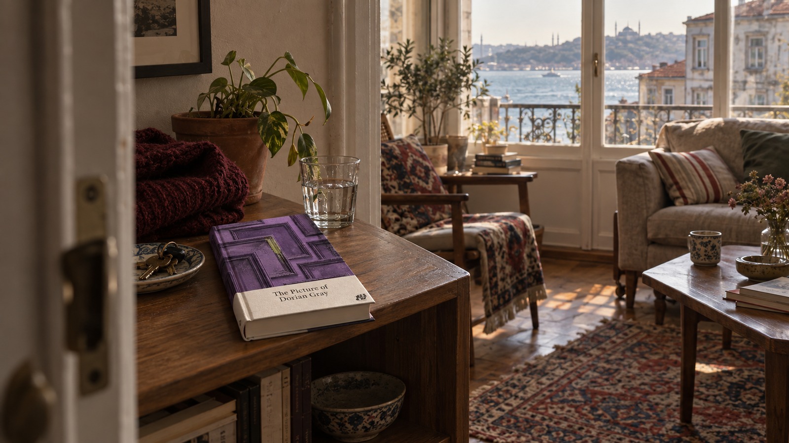 A book on a sideboard beside a window